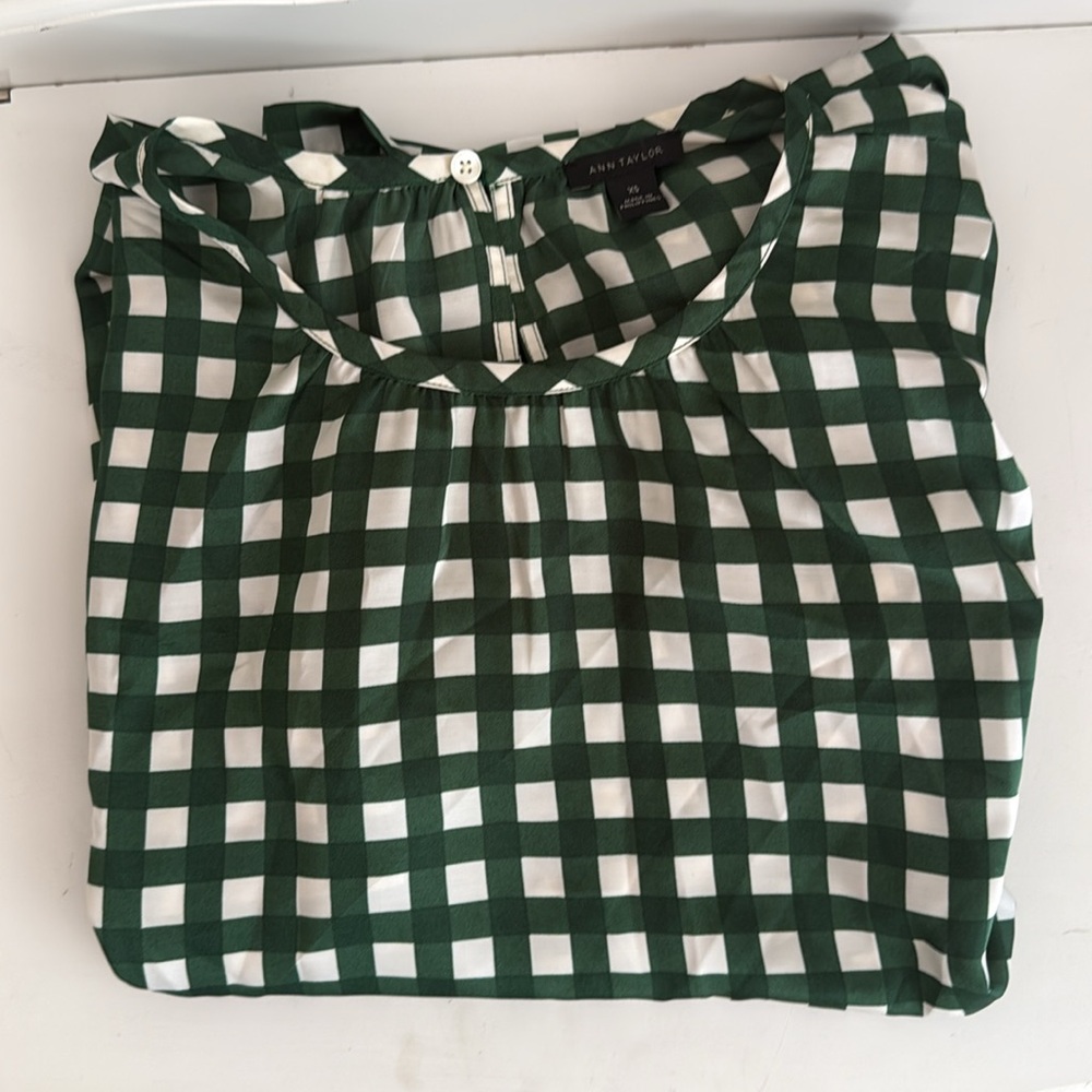 Ann Taylor Forest Green and White Checkered Blouse